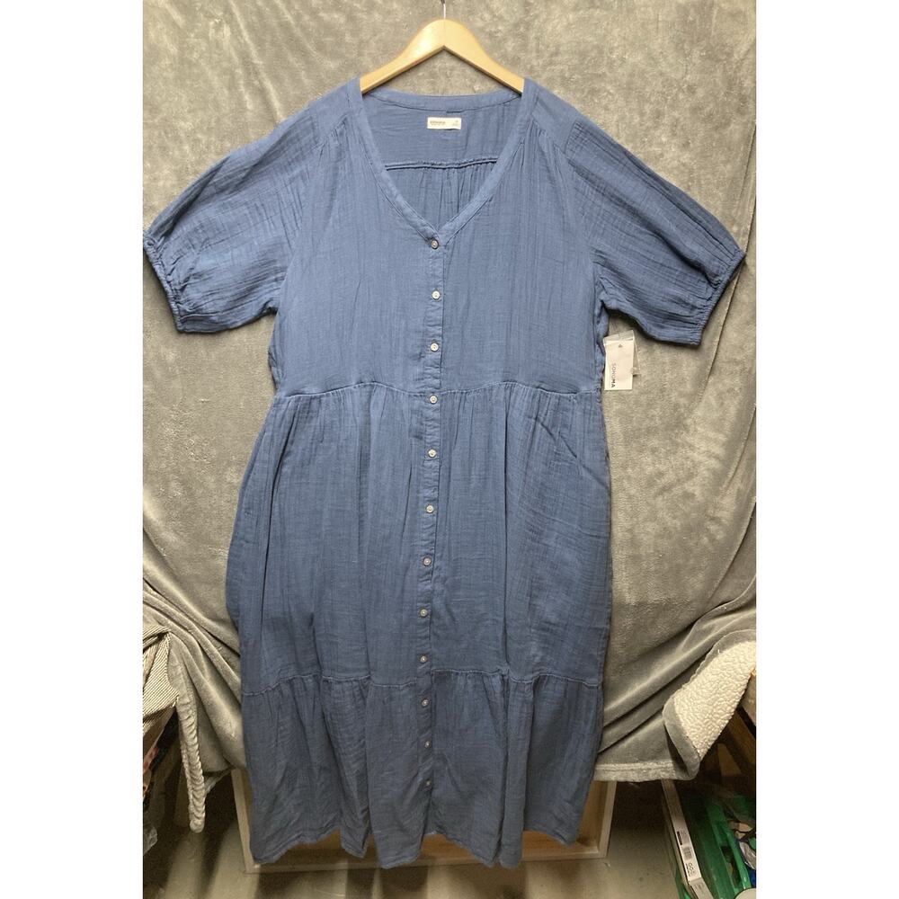 New Sonoma Button Front Tiered Puff Slv Dress 1X Gauzy Flowy Lagenlook Prairie